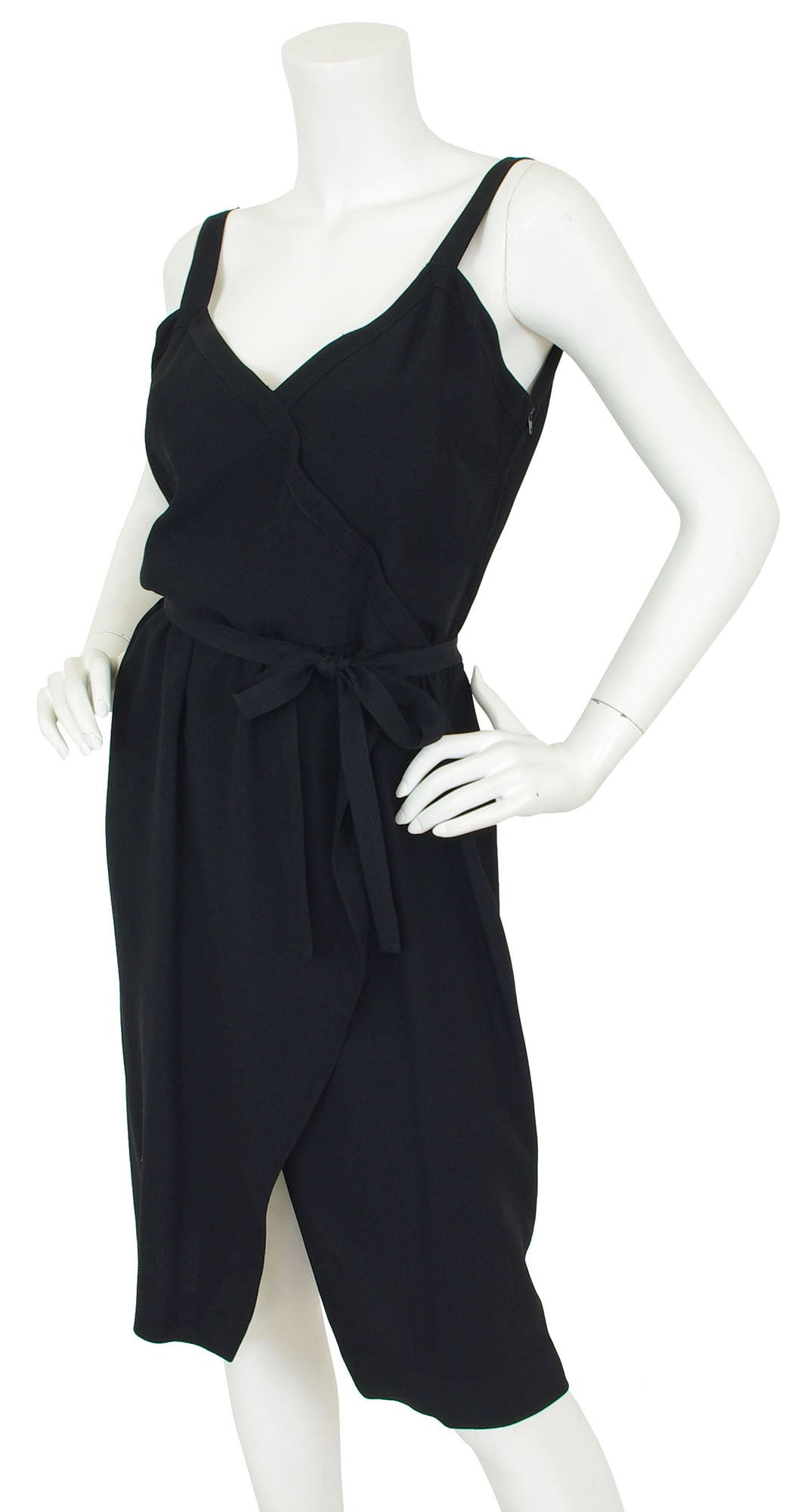 1970s Black Rayon Crepe Faux Wrap Dress