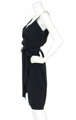 1970s Black Rayon Crepe Faux Wrap Dress