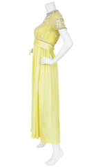 Intricately Beaded Yellow Jersey Evening Gown