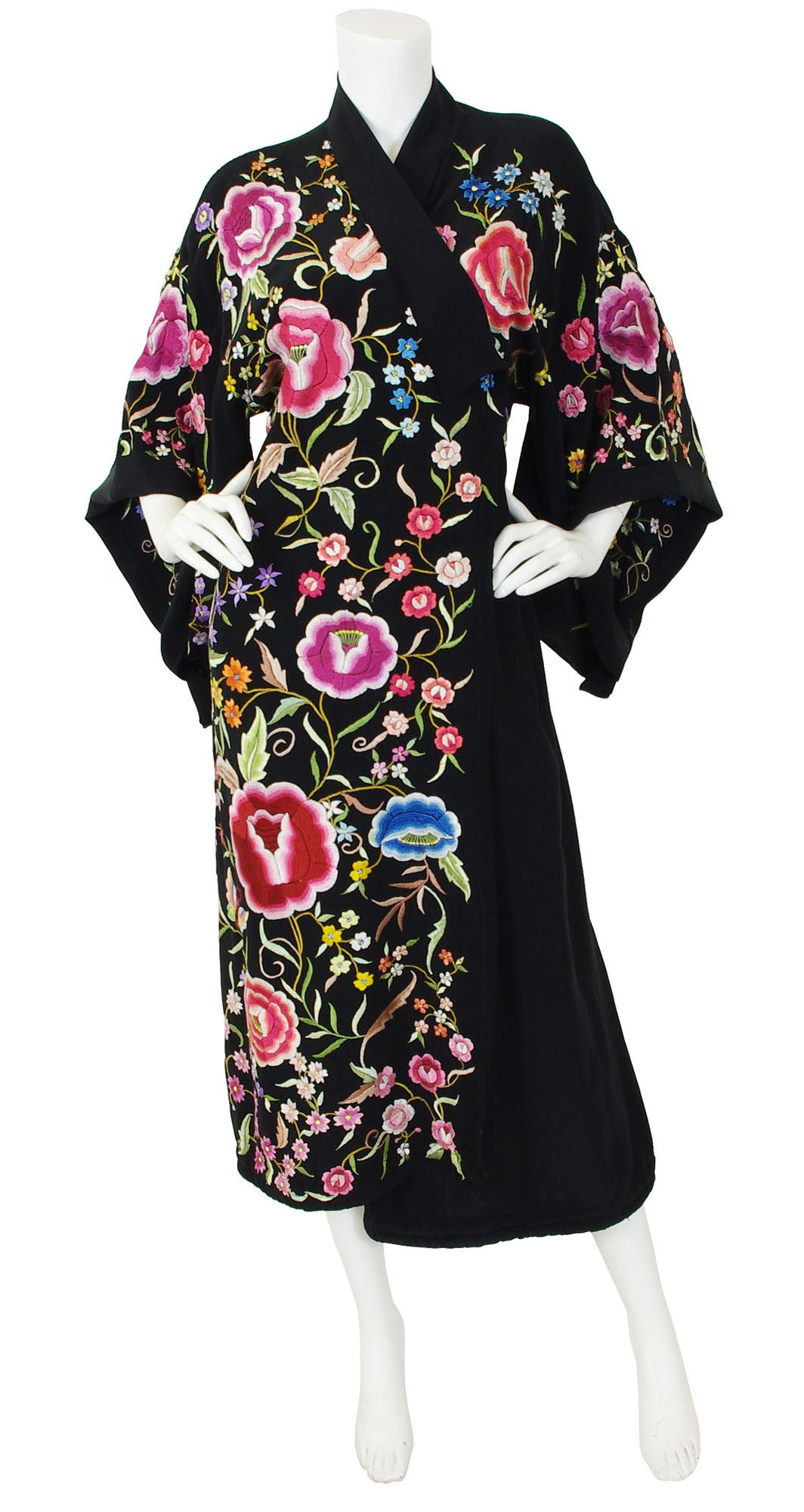 Art Deco Exceptional Floral Embroidered Black Kimono Wrap