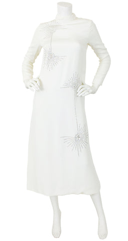 1960s Rhinestone Starburst White Evening Dress