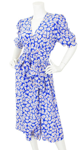 1970s Daisy Print Silk Faux Wrap Puff Sleeve Dress