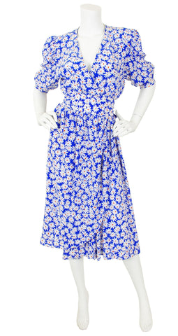 1970s Daisy Print Silk Faux Wrap Puff Sleeve Dress