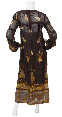 1970s Paisley Brown Silk Chiffon Balloon Sleeve Dress