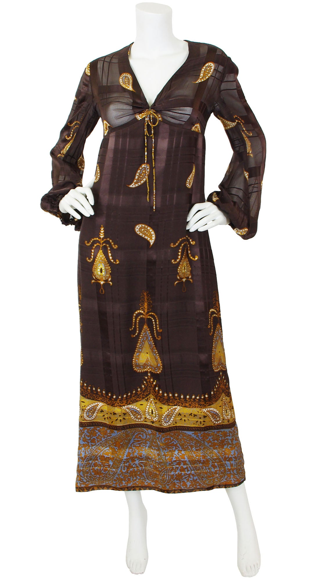 Zibaut Vintage 1970s Paisley Brown Silk Chiffon Balloon Sleeve Dress Featherstone Vintage Zibaut Vintage 1970s Paisley Brown Silk Chiffon Balloon Sleeve Dress Featherstone Vintage