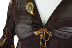 1970s Paisley Brown Silk Chiffon Balloon Sleeve Dress