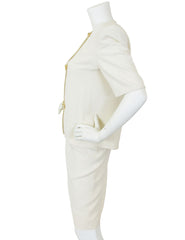 1980s Rhinestone Bow Cream Ribbed Silk Skirt Suit