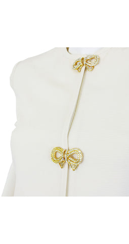 1980s Rhinestone Bow Cream Ribbed Silk Skirt Suit