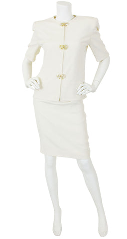 1980s Rhinestone Bow Cream Ribbed Silk Skirt Suit