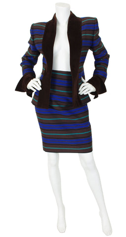 1980s Striped Ribbed Wool Velvet Trim Skirt Suit