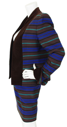 1980s Striped Ribbed Wool Velvet Trim Skirt Suit