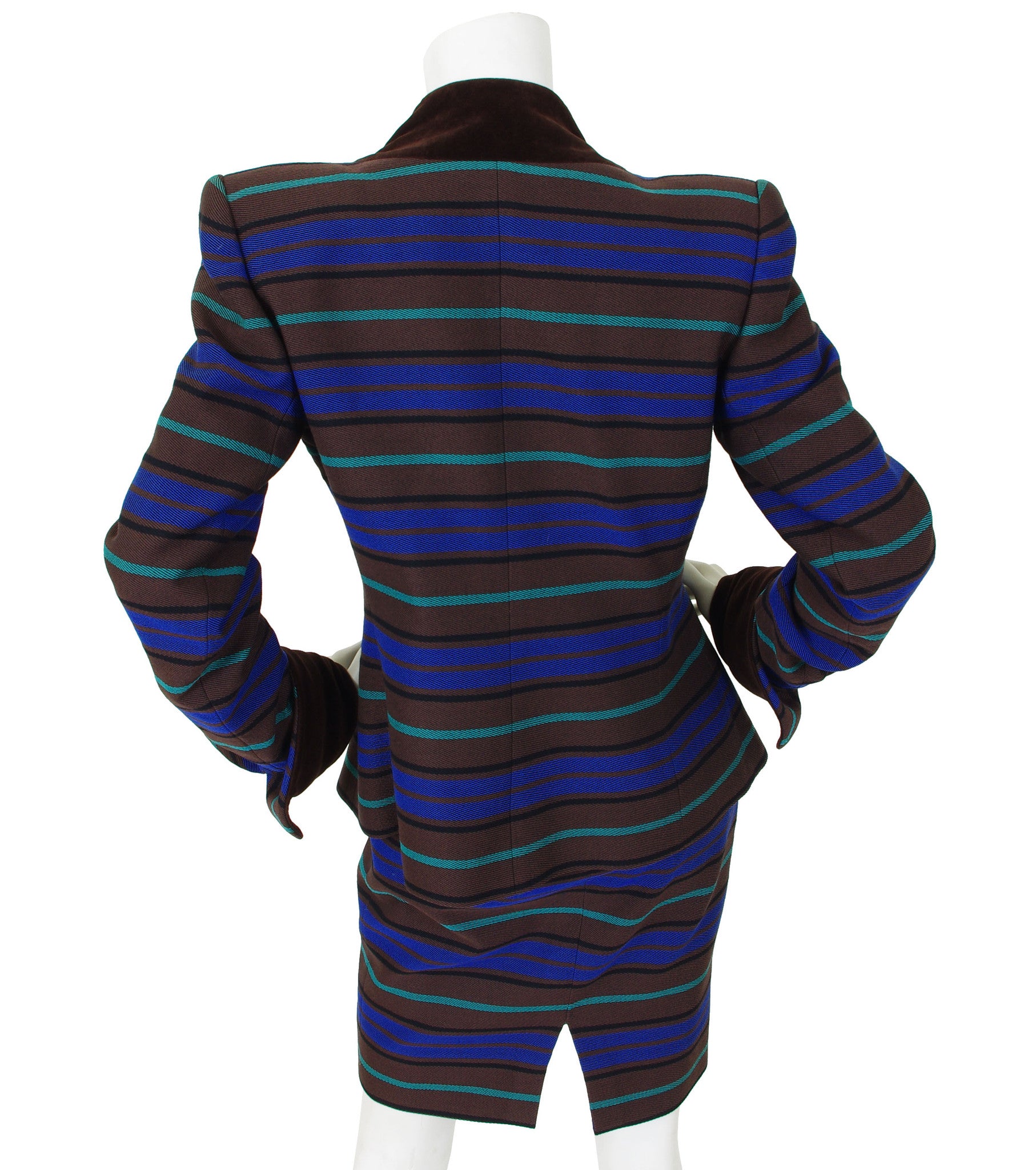 1980s Striped Ribbed Wool Velvet Trim Skirt Suit