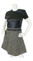 1960s Mod Black Scalloped Leather & Wool Tweed Dress