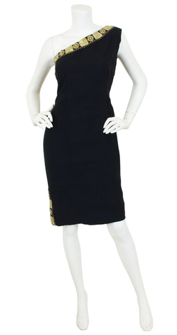 Early 1960's Gold Embroidered Black Wool One Shoulder Dress