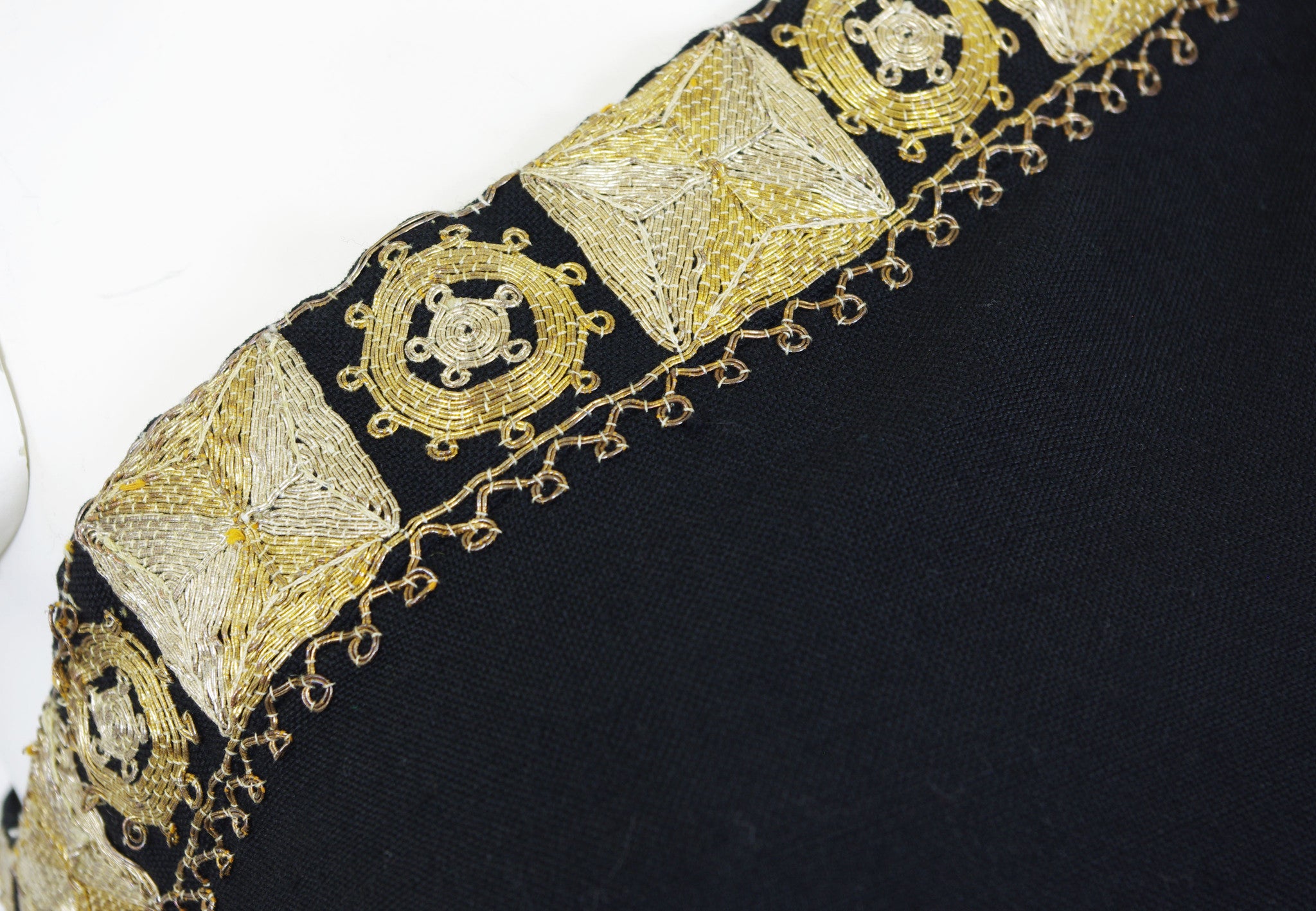 Early 1960's Gold Embroidered Black Wool One Shoulder Dress