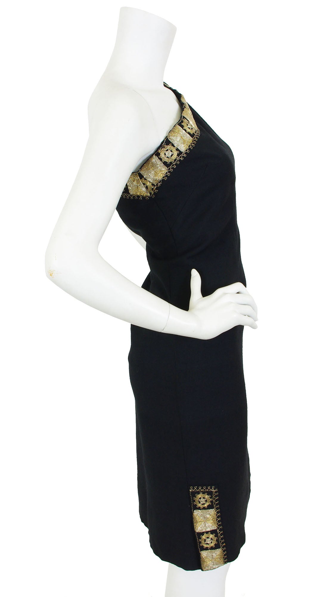 Early 1960's Gold Embroidered Black Wool One Shoulder Dress