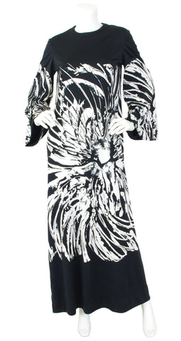 1970s Abstract Black and White Jersey Caftan Dress