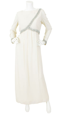 1960s Beaded Cream Chiffon Evening Gown