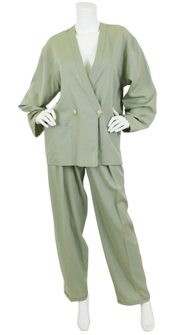 1980s Green Worsted Wool Trouser Suit