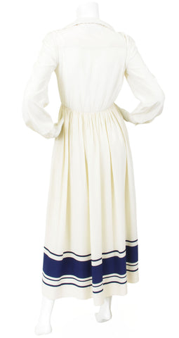1970s Cream & Navy Silk Maxi Dress