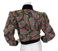 1980s Floral Paisley Quilted Wool Velvet Trim Jacket
