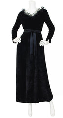 1970s Black Velvet Spiral Collar Evening Dress