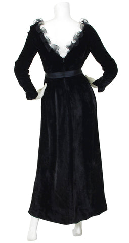 1970s Black Velvet Spiral Collar Evening Dress