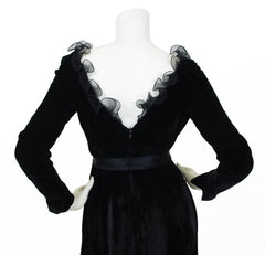 1970s Black Velvet Spiral Collar Evening Dress