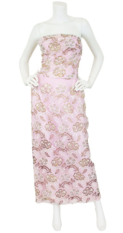 1950s Metallic Embroidered Pink Organza Gown