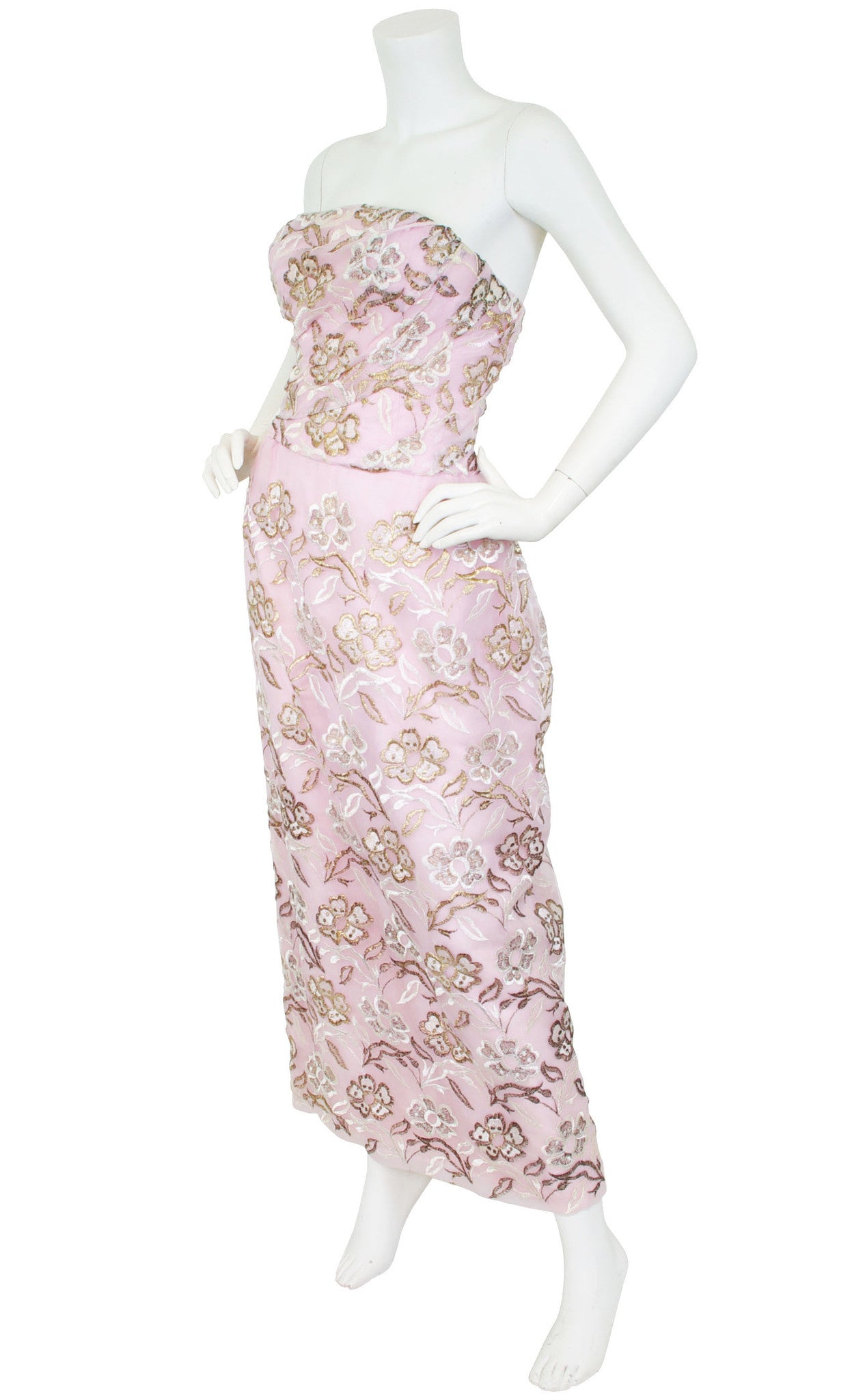 1950s Metallic Embroidered Pink Organza Gown