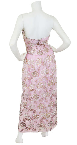 1950s Metallic Embroidered Pink Organza Gown