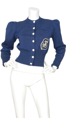1930s 1940s Wool Knit Varsity Cardigan Sweater