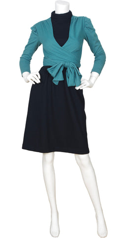 1970s Faux Turtleneck Wool Jersey Wrap Dress