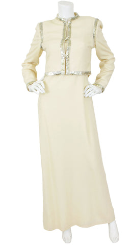 1970s Sequin Trim Cream Crepe Evening Set