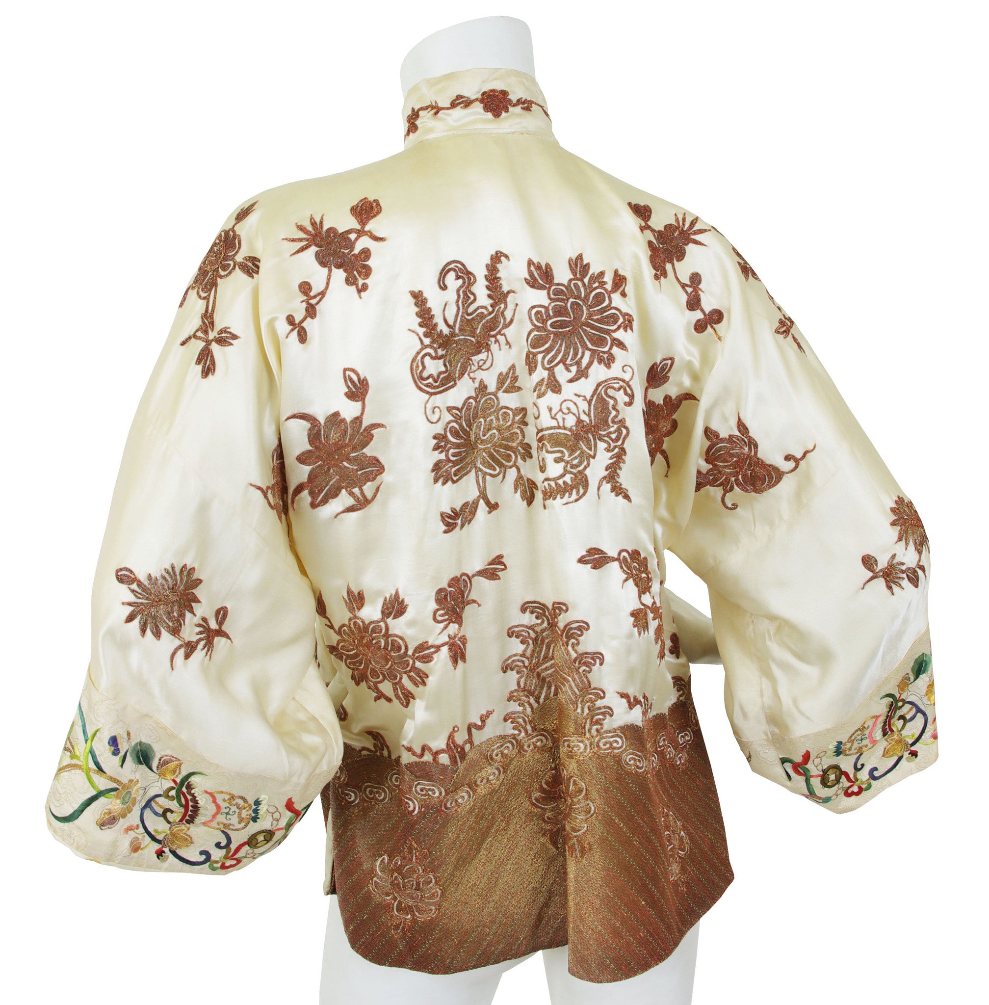 1930s Asian Silk Embroidered Bronze Couching Mandarin Jacket