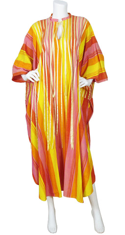 1970s Mexican Tassel Striped Cotton Caftan
