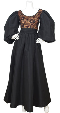 1970s Dramatic Balloon Sleeve Black Taffeta & Lace Gown