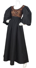 1970s Dramatic Balloon Sleeve Black Taffeta & Lace Gown