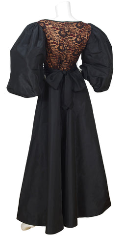 1970s Dramatic Balloon Sleeve Black Taffeta & Lace Gown