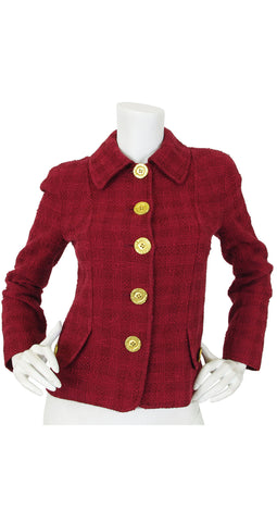 1990's Burgundy Wool Hammered Gold Button Jacket