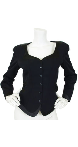 1980s Black Wool & Satin Trim Blazer