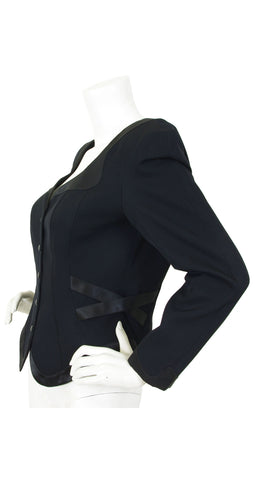 1980s Black Wool & Satin Trim Blazer