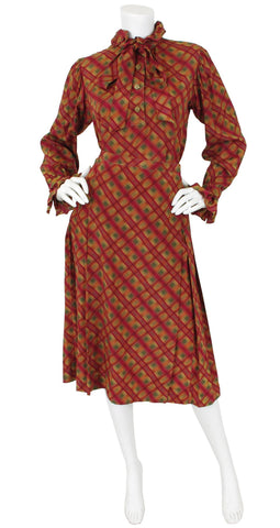 1979 F/W Runway Plaid Silk Ruffle Blouse and Pleated Skirt Ensemble