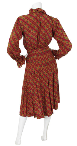 1979 F/W Runway Plaid Silk Ruffle Blouse and Pleated Skirt Ensemble
