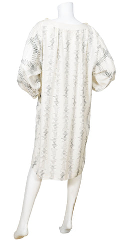 1970s Cream Silk Embroidered Zig-Zag Smock Dress