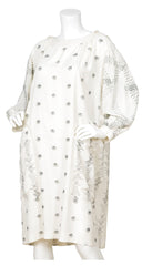 1970s Cream Silk Embroidered Zig-Zag Smock Dress