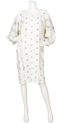 1970s Cream Silk Embroidered Zig-Zag Smock Dress