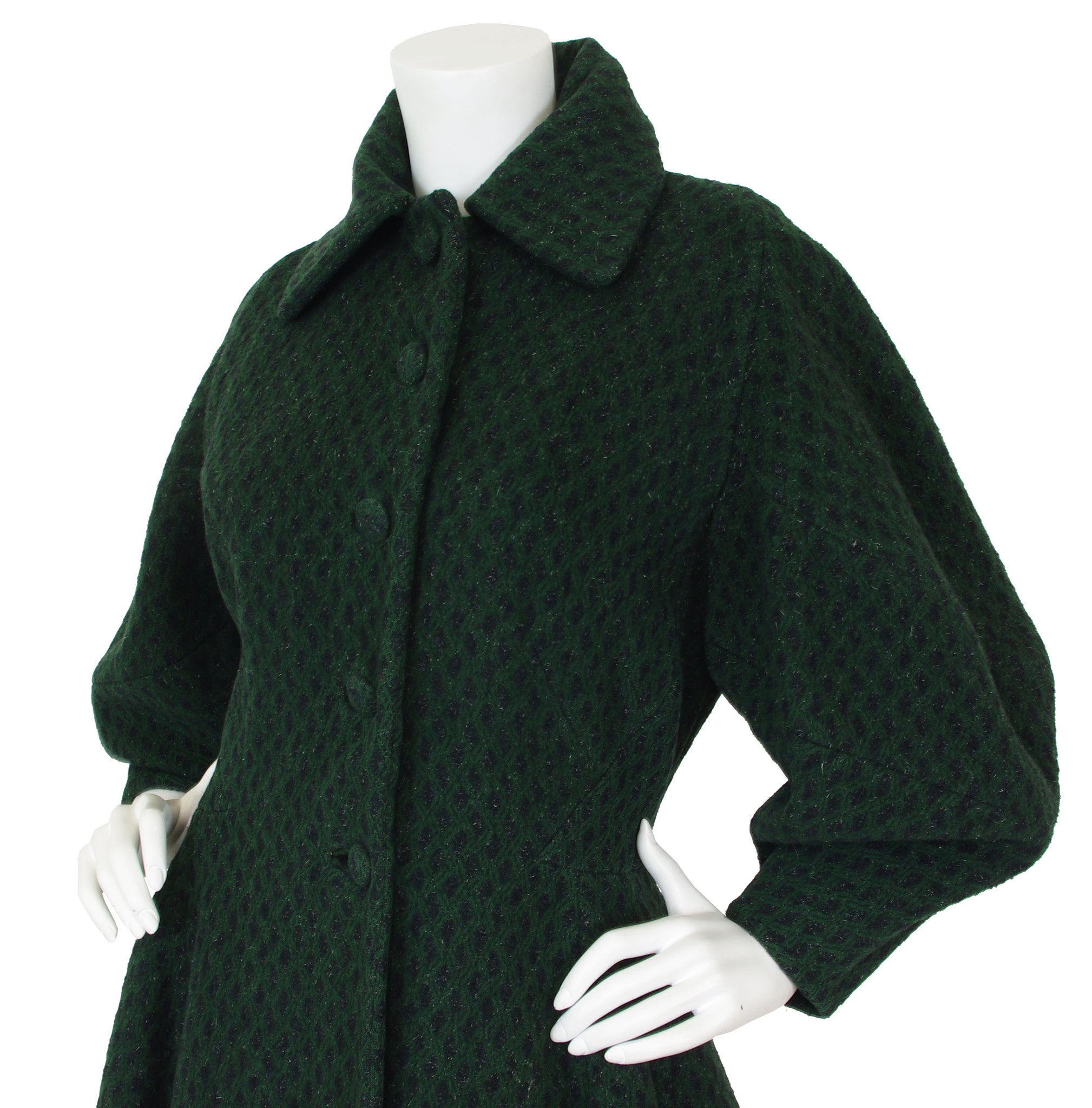 Early 1950's Iconic Lantern Sleeve Dark Green Wool Coat