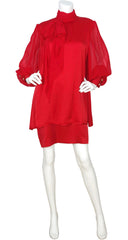 1980s Couture Red Silk Billowing Sleeve Dress
