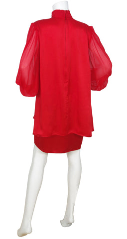 1980s Couture Red Silk Billowing Sleeve Dress
